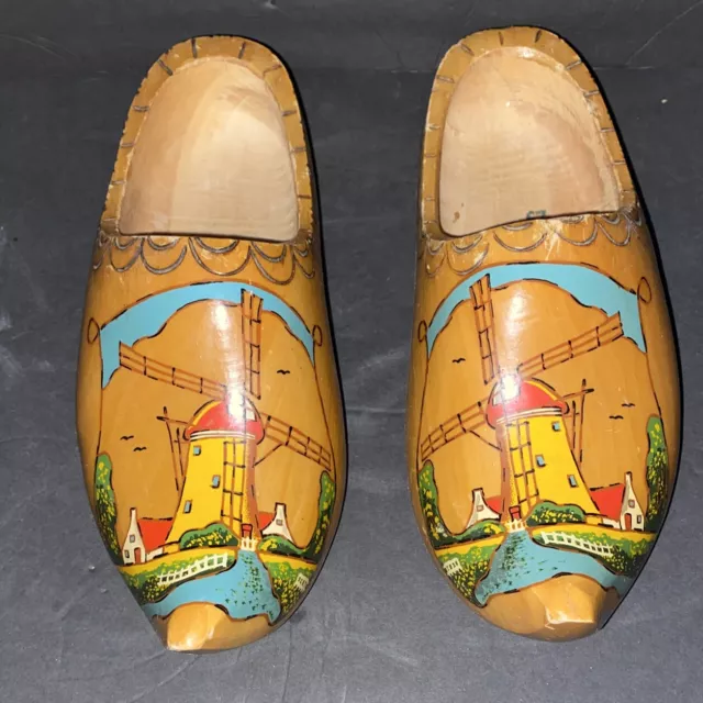 Vintage Authentic Dutch Holland Wooden Clogs Shoes Natural Wood Windmill Holland