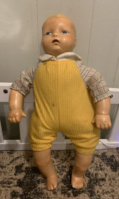 Antique vintage old painted ceramic bisque baby infant doll stuffed cloth body