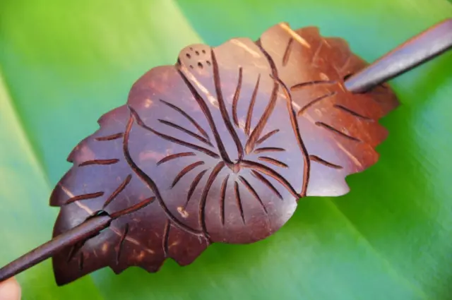 Carved HIBISCUS FLOWER Coconut shell HAIR PIN BARRETTE CLASP CLIP SLIDE handmade