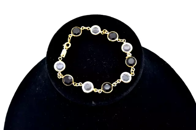 Swarovski Bracelet Black & Clear Crystals Bezel Set Gold Tone Tennis Approx. 7"