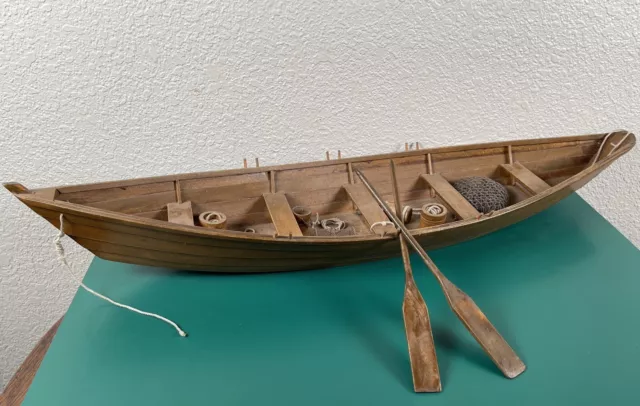 Vintage Wooden Model Row Boat Canoe w/Fishing Trap Nautical Maritime Ship 27.25”