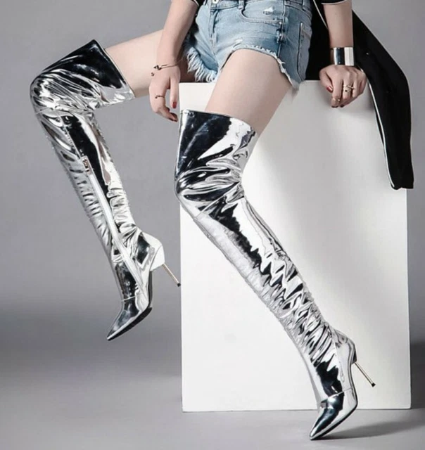 Women's Pleated Over Knee High Thigh Leg Long Boots Lace Up Stiletto Heel Shoes