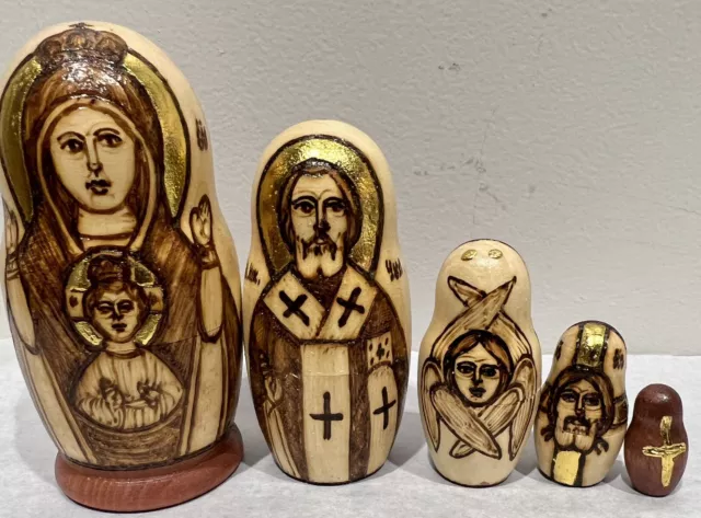 Russian Nesting Doll Set of 5 Matryoshka Hand Painted wood Burned Icon Religious