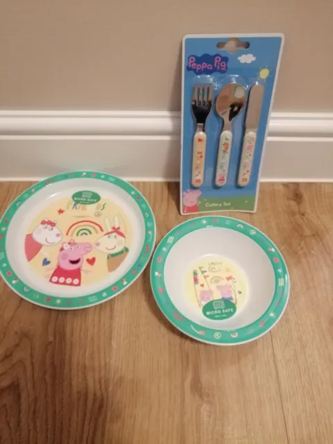 Peppa Pig Set di posate 3 pezzi per bambini piatto da cena e ciotola nuovissimo