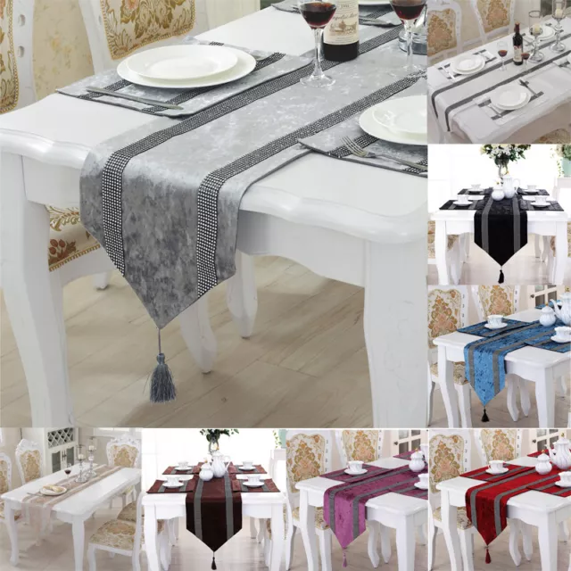 Shiny Bling Silver Thick Crushed Velvet Tassels Wedding Bed Table Runner Cloth