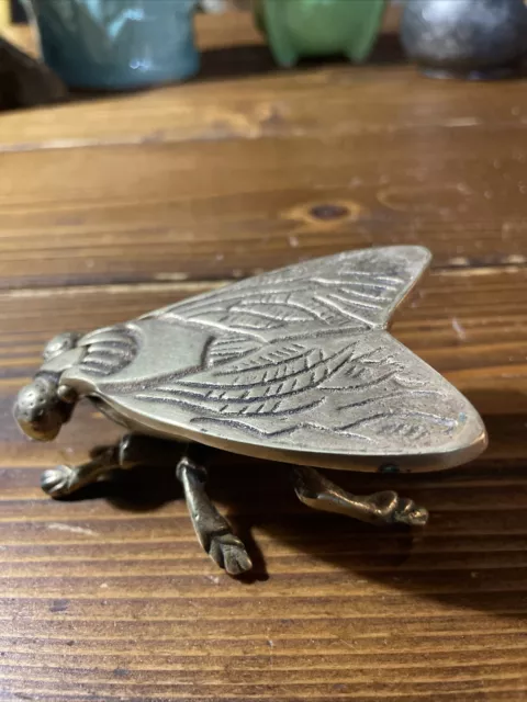 Vintage Brass Fly Insect Ashtray Trinket Stash Box Hinged Wing