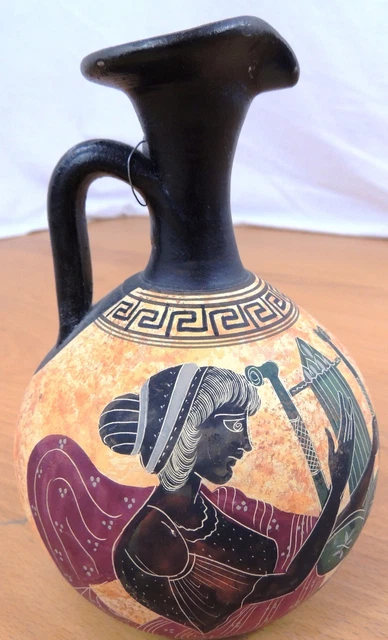 Grecian Replica 6 1/2" Pottery Vase Pitcher Period 500 B.C. Handpainted Harpist.
