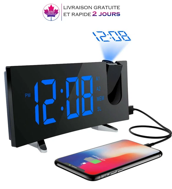 Réveil Projecteur ThreeH - Radio FM USB Chargeur LED Bleu