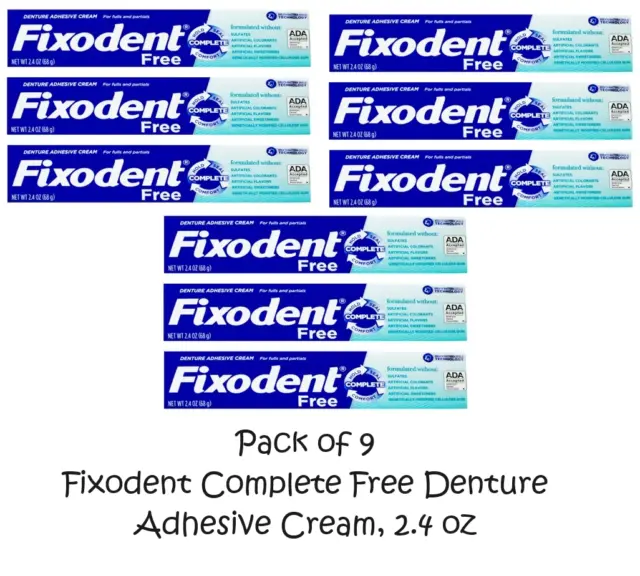 (Pack of 9) Fixodent Complete Free Denture Adhesive Cream, 2.4 oz Free shipping
