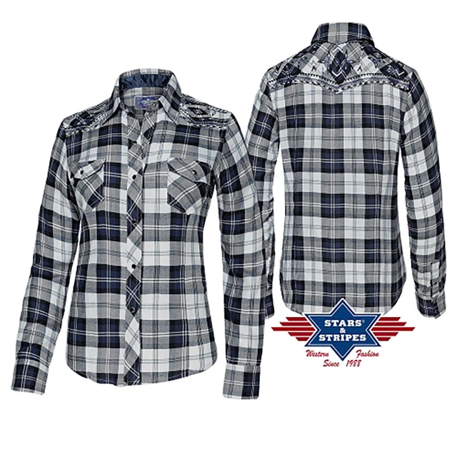 Chemise Femme Stars & Stripes - Broderie Fleurs & Motif Carreaux - 100% Coton - Neuve Étiquetée