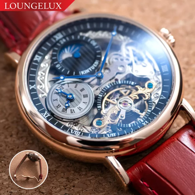 Mens Dual Time Skeleton Automatic Mechanical Watch Relojes Rose Gold Red Leather