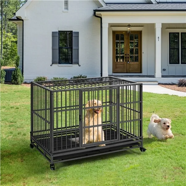 Foldable Dog Crate 42'' Rolling Heavy Duty Dog Cage w/Open-Top for Large Dogs