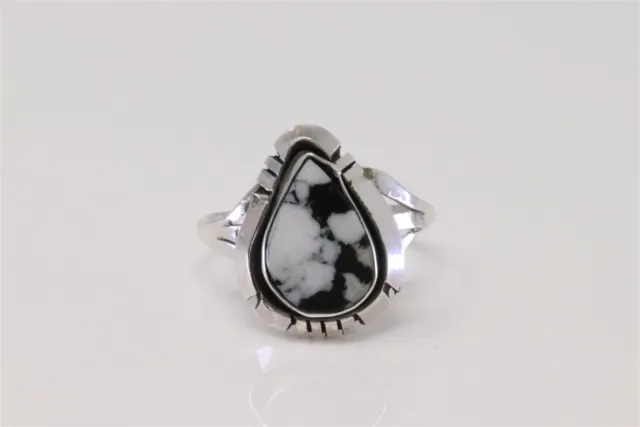 White Buffalo Turquoise Native America Navajo Sterling Silver Teardrop Ring