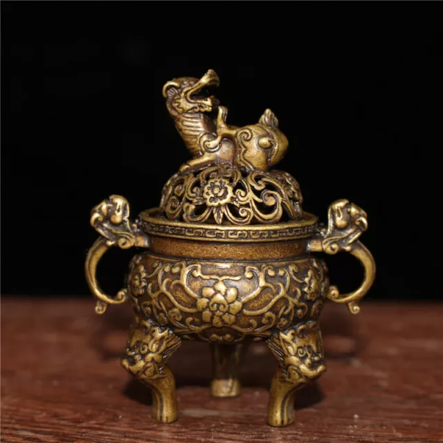 2.56" Collection Chinese pure copper Handmade Lion Incense burner censer