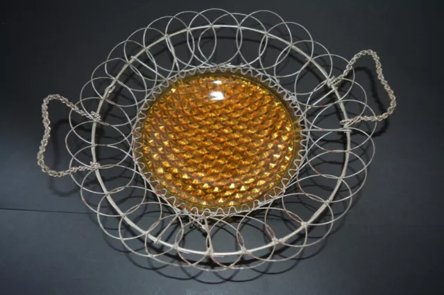 Antique Victorian Wirewear Wire Basket w/ Amber Pressed Glass Insert Egg Fruit