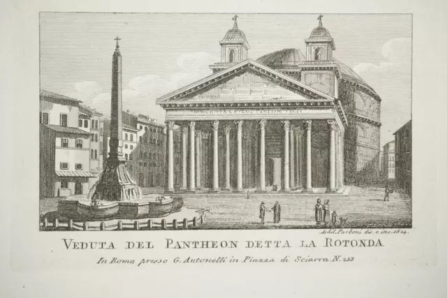 Gravure Miniature Paysage Architecture Pantheon Roma Rome Italie 1830 A