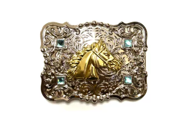 Western Horse Head Buckle Men Turquoise Rhinestone Silver Square Engrave Fit 2''