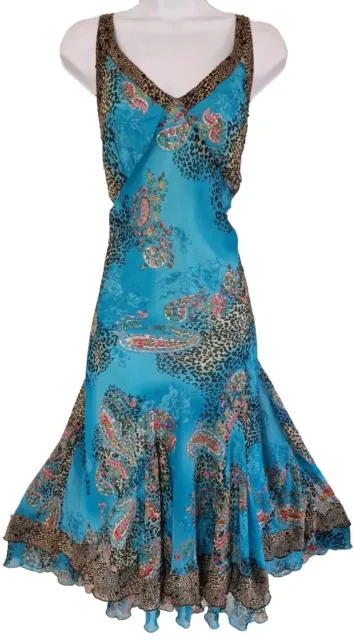 Womens Per Una Turquoise Floral Animal Y2k Vintage Bias Godet Midi Slip Dress 16