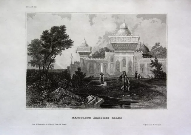 1840 - Mausoleum Mahomed Chan India Asia Engraving Incisione Acciaio