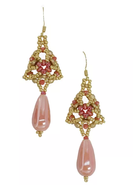 orecchini pendenti goccia ceramica rosa perline vetro oro bigiotteria handmade