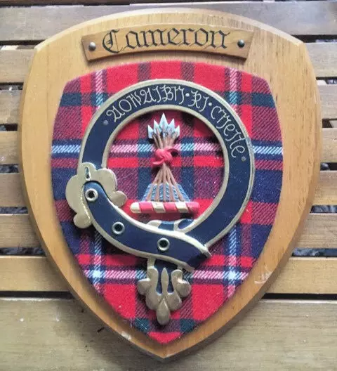 Vintage Clan Cameron of Lochiel Tartan Plaid Wooden Plaque Armorial Crest Shield