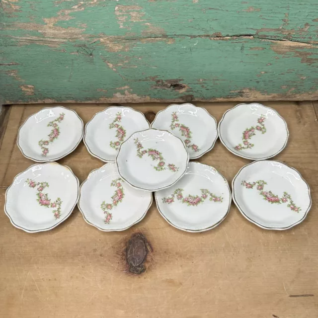 Set Of 9 Antique Cottage Pink Floral on White Porcelain Butter Pats