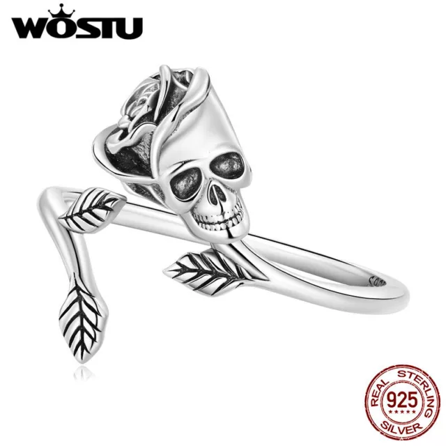 Wostu Halloween 925 Sterling Silver Skull Rose Open Adjustable Ring Party Gift