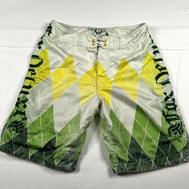 Fox Deluxe Mens Green White Yellow Board Shorts Size 32