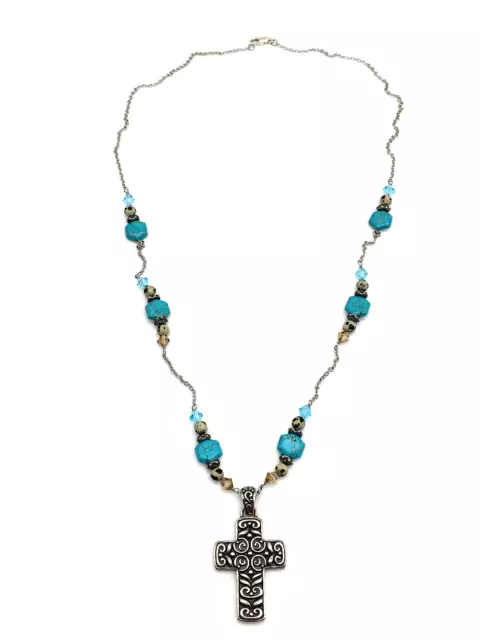 925 Silver Filigree Cross Turquoise, Jasper, Blue Crystals Rosary Chain Necklace