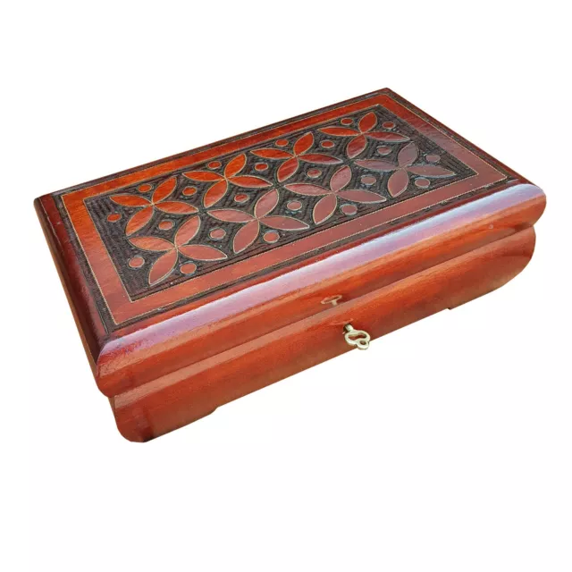 Wooden Carved Jewellery Box 25 Cm Long, Lock And Key In Brown Color