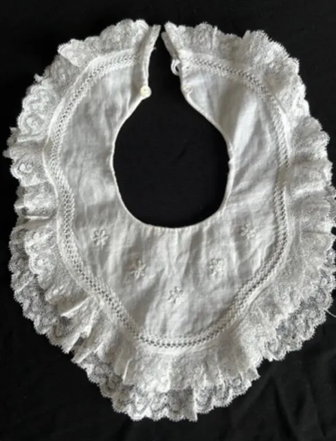 Beautiful Antique baby bib - White cotton hand embroidered, fine lace