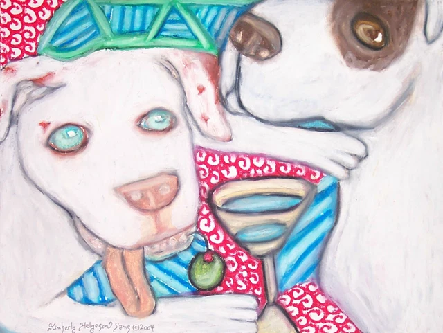 AMERICAN BULLDOG Drinking a Martini Dog Art 8.5 x 11 Signed Print Artist KSams