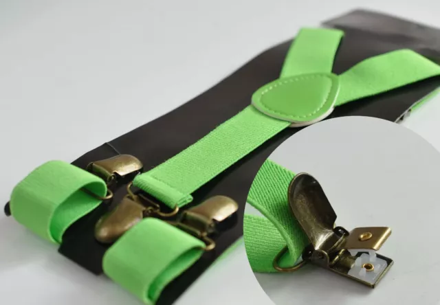 Lime Green Elastic Suspenders Braces Bronze Metal Clips for Men / Boys / Baby