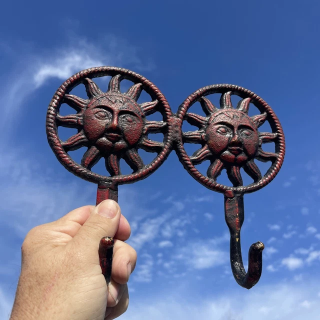 Red Wrought Iron Cast SUN CELESTIAL Double Hook Coat Wall Rack Vintage❤️blt7j1