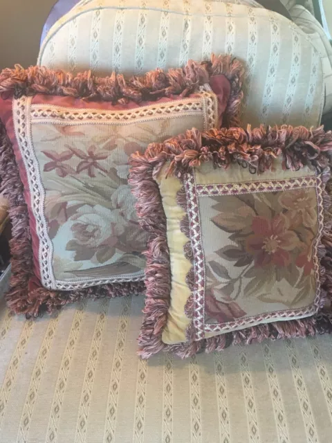 Pair of Gorgeous Designer Needle Point Cabbage Rose Pillows - Lovely Colors!