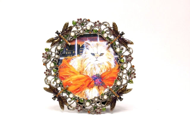 Anthropologie Jeweled Round Picture Frame Rhinestone Dragonfly & Flowers 6 x 6"