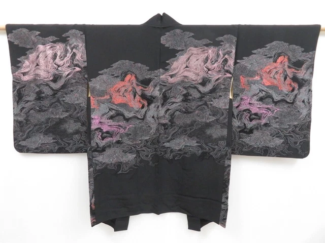3509T07z690 Vintage Japanese Kimono Silk HAORI Ocean Black