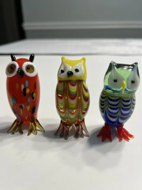 Set of 3 New Lenox Art Glass “Wise and Welcoming” Owl Figurines Red Orange Green
