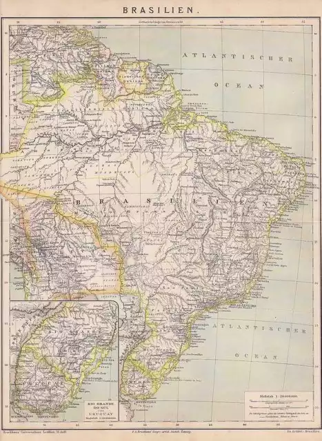 Brasilien Rio Grande Bolivien LANDKARTE von 1882 Guyana Uruguay