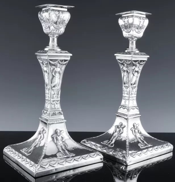Superb Pair 1894 Victorian Sterling Silver Figural People Repousse Candlesticks
