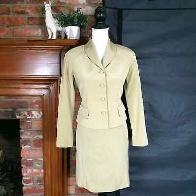 Emanuel Ungaro Vintage Tan Silk Blazer & Dress 2 Piece Matching Set Sz Petite 2