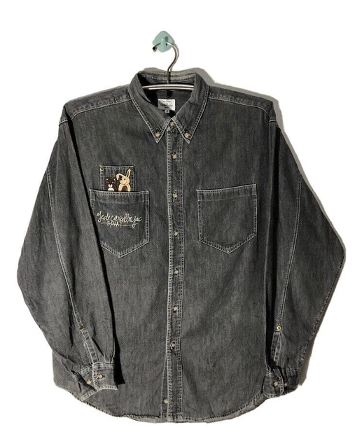 Vtg Jean Charles De Castelbajac Camicia di jeans nera Logo ricamato Pop Art...
