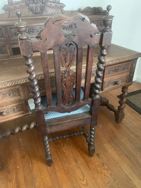 Antique French Carved Oak Desk Barley Twist Louis XIII 19th Century AND Chair