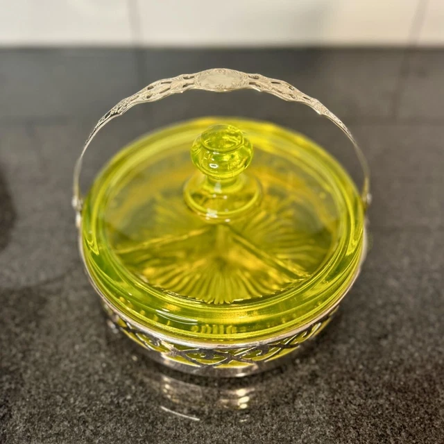 VASELINE URANIUM GLASS Relish/Candy Dish WITH LID & Metal Serving