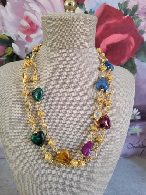 Vtg ST. JOHN Couture Faceted Glass Crystal Swarovski Heart Long Gold Necklace