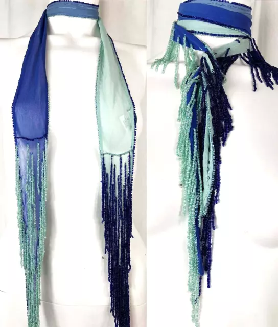 Chan Luu 2 Way Beaded Boho Choker Thin Skinny Scarf Fringe Ombre Blues