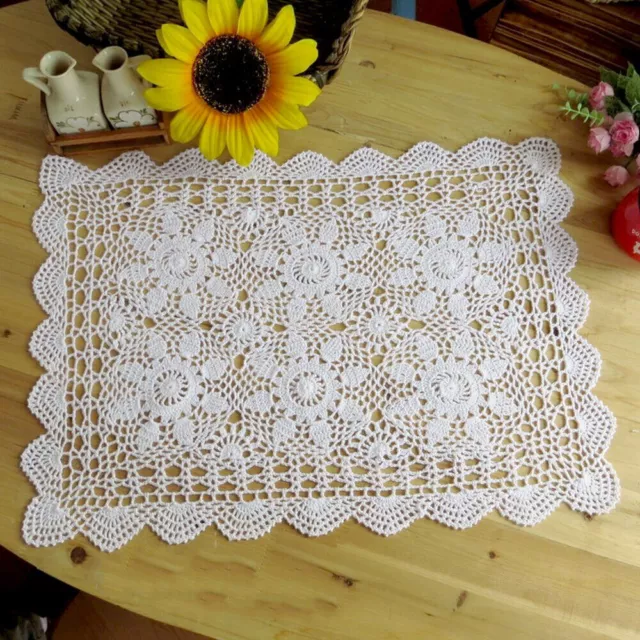 Vintage Hand Crochet Lace Doily Table Mat Square Cotton Tablecloth Beige 40x60cm