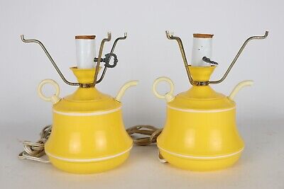 Vintage Pair Yellow Plastic Tea Pot Kettle Electric Desk/Table Lamps Mid Century
