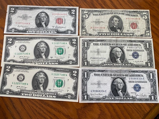 Crisp Old US Currency 1935 - 1976 Silver Certificates, Red Seal, Consecutive