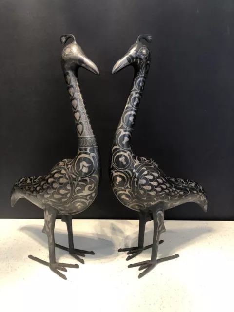 Antique pair of Islamic Persian Qajar Period Patinated Steel Bird Figurines